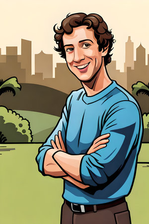 Vector illustration of a smiling man with crossed arms standing in the park.の素材