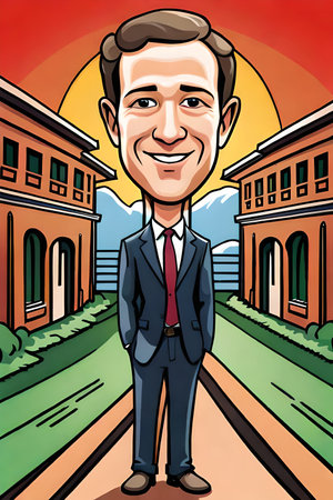 Vector illustration of a smiling businessman on the background of a school.の素材