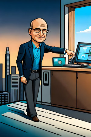 Cartoon illustration of a senior businessman standing in front of his office.の素材