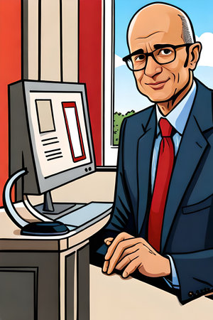 Vector illustration of a senior businessman sitting at his desk in front of computerの素材