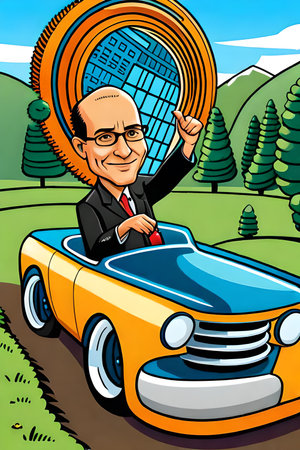 Cartoon illustration of a man driving a cabriolet in the countrysideの素材