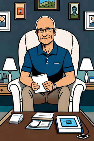 Illustration of a senior man sitting in a chair and reading a bookの素材