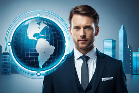 Portrait of handsome young businessman in suit and tie looking at camera while standing against cityscape and globe hologram. Global business conceptの素材