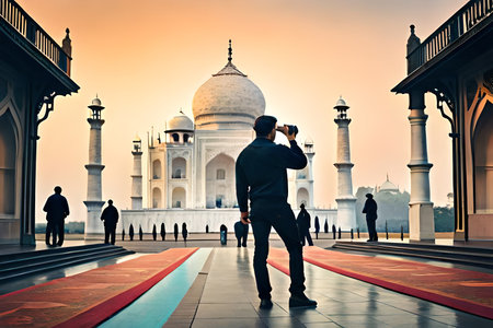 Businessman taking photo of Taj Mahal in Agra, Indiaの素材