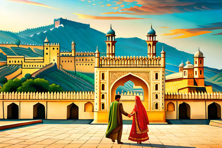 Indian couple in front of the Amber Fort, Jaipur, Rajasthan, Indiaの素材