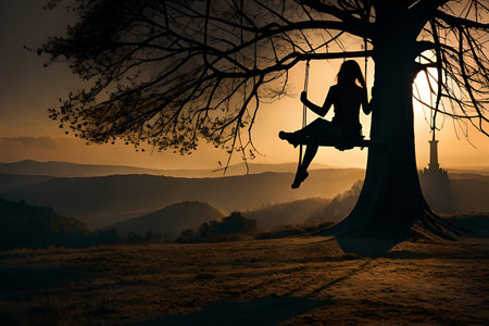 Silhouette of a girl on a swing in the mountains at sunsetの素材