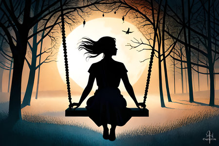 Silhouette of a girl sitting on a swing in the forestの素材