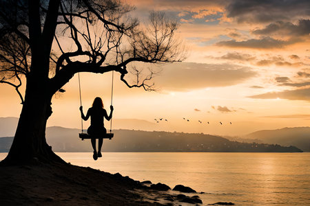 Silhouette of a girl swinging on a swing over the sea.の素材