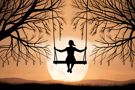 Silhouette of a girl on a swing in the forest at sunsetの素材