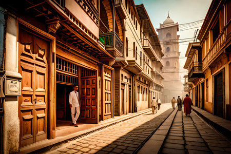 View of a street in Kathmandu in the eveningの素材