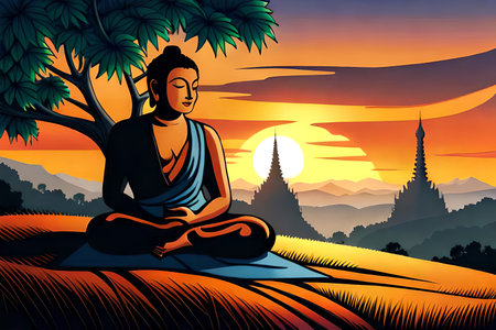 Buddha statue in lotus position on sunrise background. Vector illustrationの素材