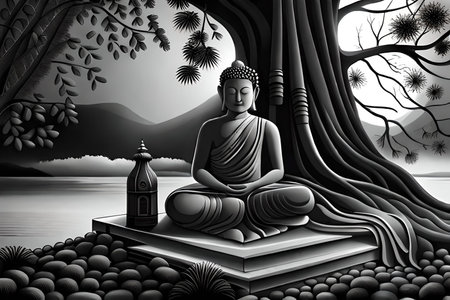 Buddha statue in the forest, black and white illustration.の素材