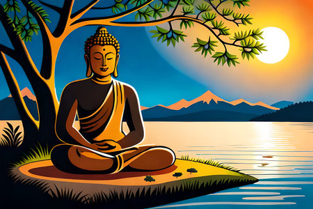 Buddha in meditation on the lake at sunset, vector illustrationの素材