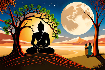 Buddha in the forest at night with full moon, vector illustrationの素材