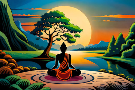 Buddha statue in lotus position on the lake at sunsetの素材