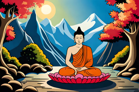 Buddhist monk sitting on the lake in autumn forest, vector illustrationの素材