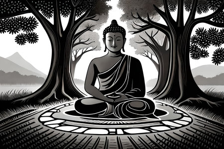 Buddha statue in the forest, black and white illustration.の素材