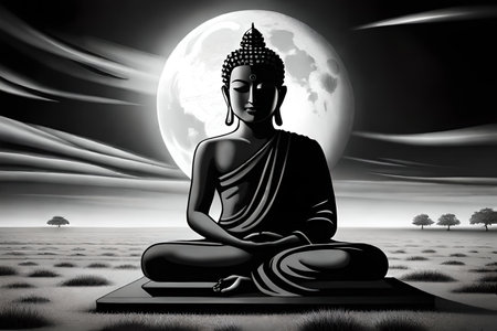 Buddha statue on the background of the full moon, 3d renderの素材