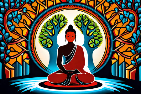 Vector illustration of Buddha in the lotus position surrounded by trees.の素材