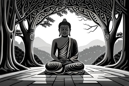 Buddha statue in the forest. Black and white illustration.の素材