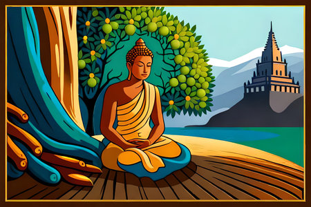 Buddha on the background of the ancient temple. Vector illustrationの素材