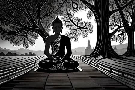 Buddha statue in the park with trees. Black and white illustration.の素材