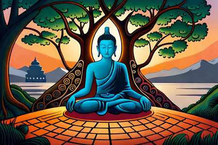 Buddha statue in the park at sunset. Vector illustration.の素材