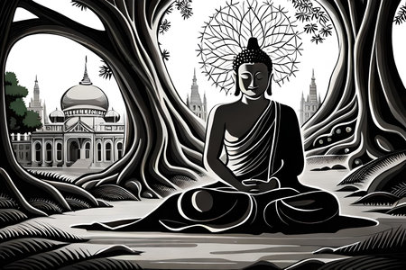 Buddha statue in the ancient park. Vector illustration for your designの素材