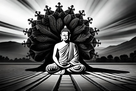 Buddha statue in the black and white background, 3D illustrationの素材