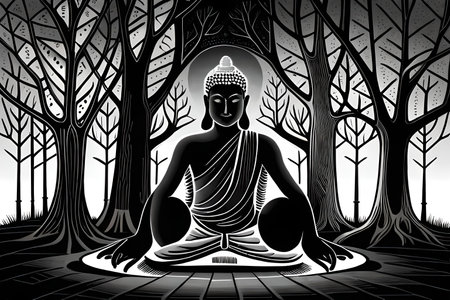 Buddha statue in the forest, black and white vector illustrationの素材