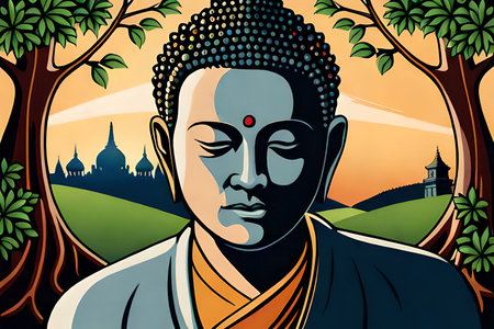 Buddha statue in the temple background. Vector Illustration.の素材