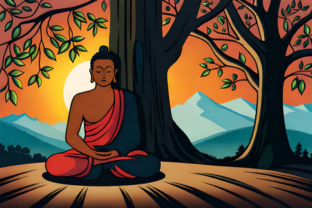 Buddhist monk meditating in the forest, vector illustration.の素材
