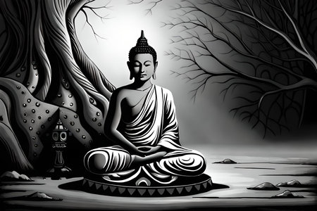 Buddha statue in the forest, black and white illustration.の素材