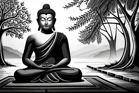 Buddha statue in the park, black and white vector illustrationの素材