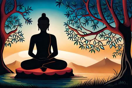Buddha in meditation at the lake. Vector Illustration.の素材