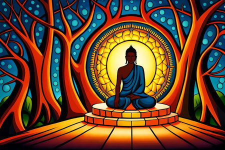 Buddha in the tree forest. Vector illustration of a spiritual temple.の素材