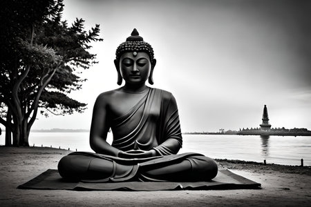 Buddha statue on the beach at sunset, Black and whiteの素材