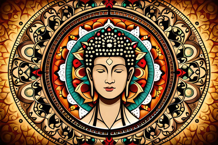 Buddha in mandala with floral ornament. Vector illustration.の素材