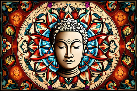 Ornament in stained glass window style with buddha.の素材