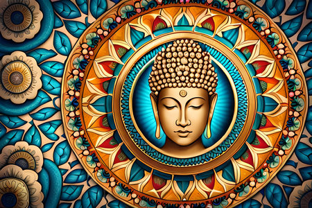 Buddha face and mandala background. 3D rendering.の素材