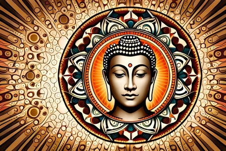 Buddha face with mandala ornament on brown background. Vector illustration.の素材