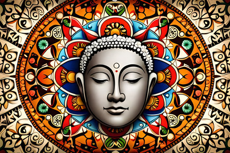 Buddha face with mandala patterns on colorful background. Vector illustration.の素材