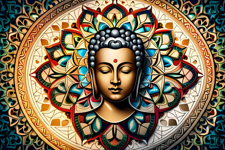 Buddha face on mandala pattern background. 3D renderingの素材