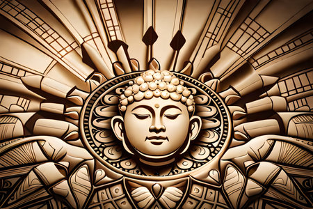 Buddha face on ornate background. 3D illustration.の素材