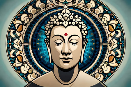Buddha statue in front of colorful mandala. Vector illustration.の素材