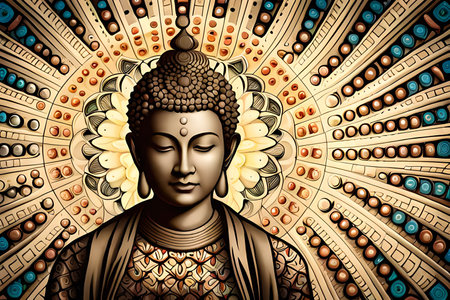 Buddha face with mandala background. 3D rendering.の素材