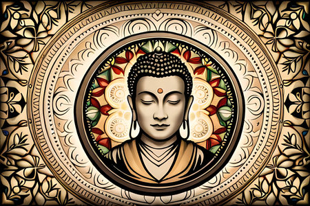 Buddha face with mandala pattern on the background. Vector illustration.の素材
