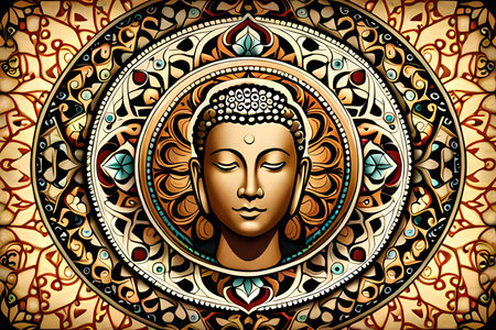 Buddha face on mandala pattern background. Vector illustration.の素材