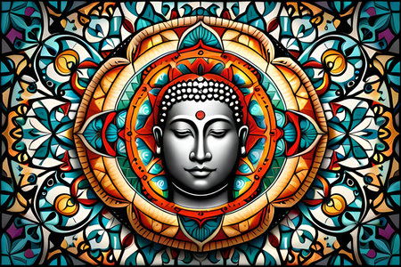Buddha head with mandala pattern background. Vector illustration.の素材