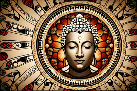 Buddha face on the mandala background. Vector illustration.の素材